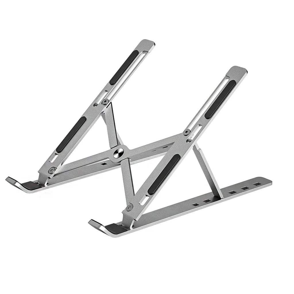 Aluminium alloy folding laptop heightening bracket in black on a desk with a notebook computer placed on top