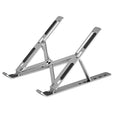 Aluminium alloy folding laptop heightening bracket in black on a desk with a notebook computer placed on top