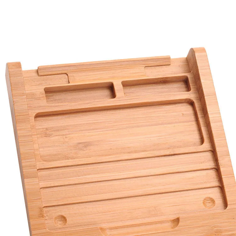 Wooden bamboo bracket for Apple Bluetooth trackpad placed beside an Apple tablet, 15 x 15.8 cm