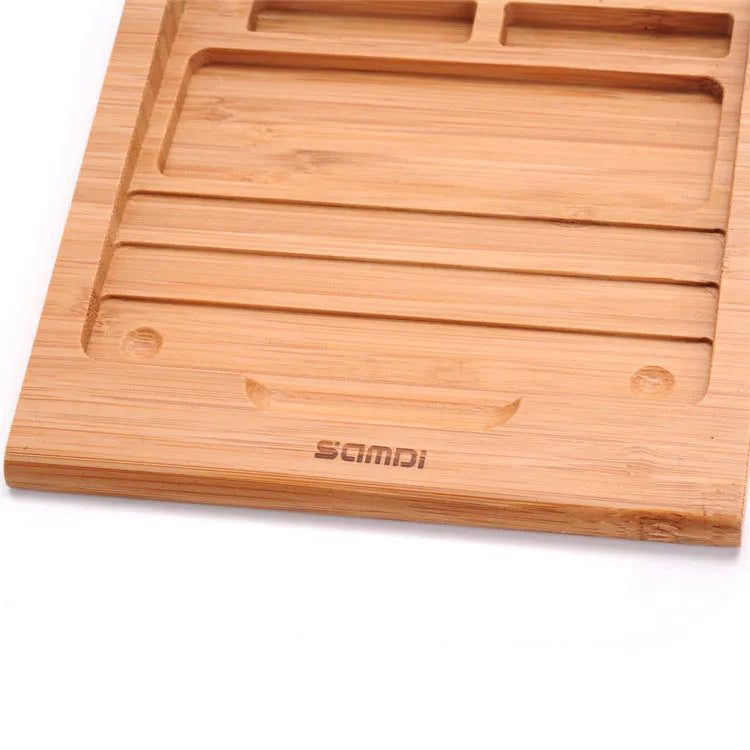 Wooden bamboo bracket for Apple Bluetooth trackpad placed beside an Apple tablet, 15 x 15.8 cm