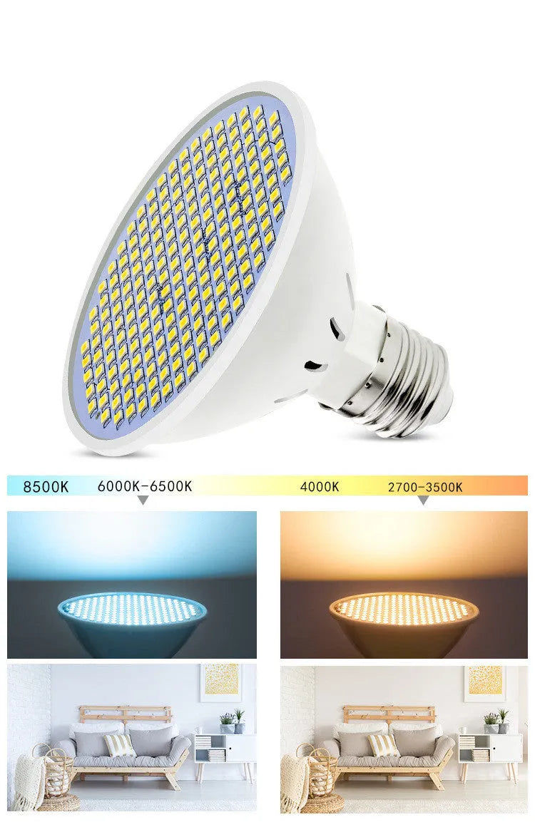 E27 LED lamp cup bulb with PC body, shown in warm white and cool white light options.