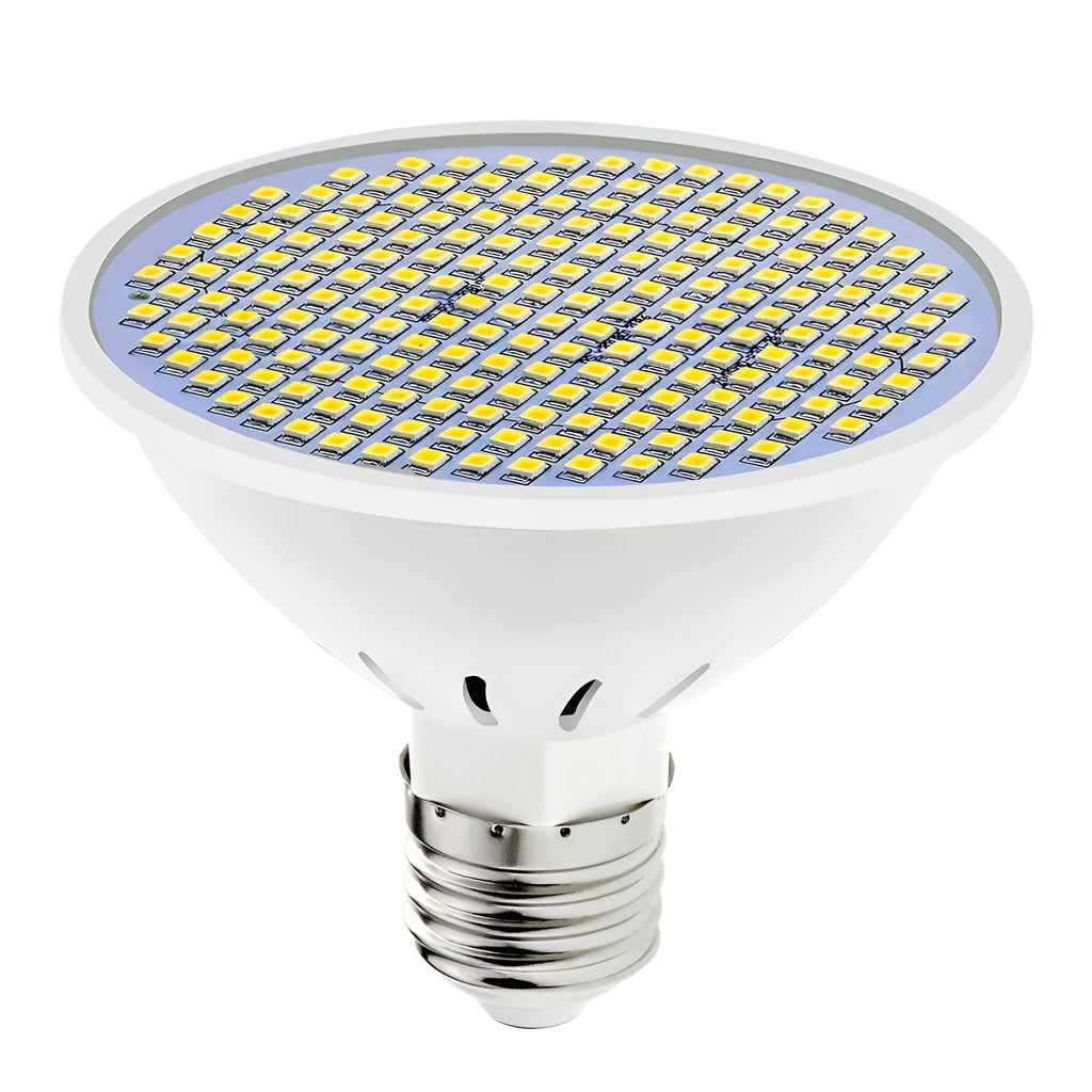E27 LED lamp cup bulb with PC body, shown in warm white and cool white light options.