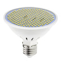 E27 LED lamp cup bulb with PC body, shown in warm white and cool white light options.