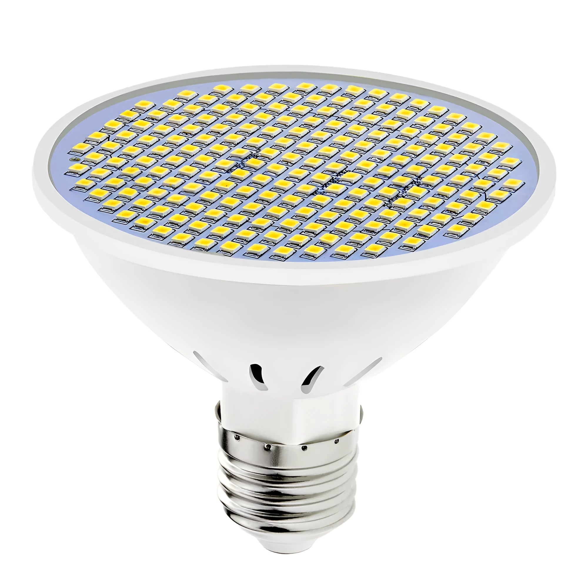 E27 LED lamp cup bulb with PC body, shown in warm white and cool white light options.