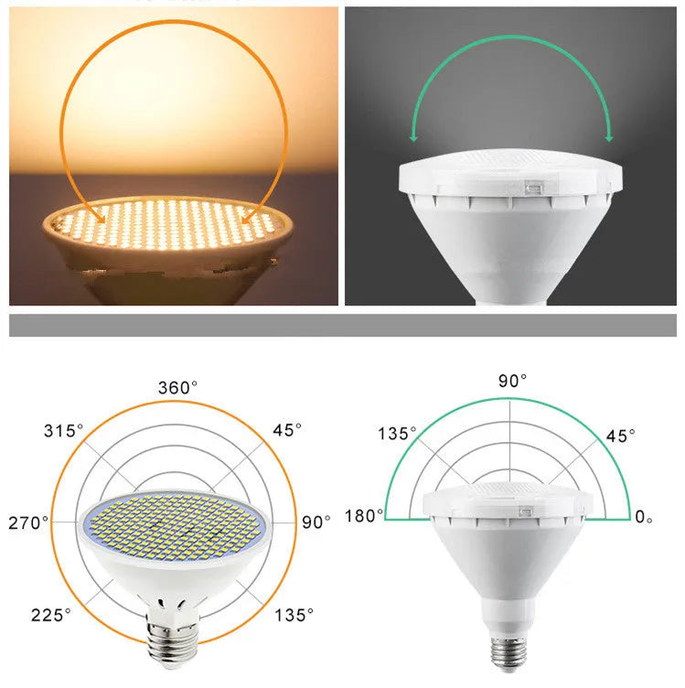 E27 LED lamp cup bulb with PC body, shown in warm white and cool white light options.
