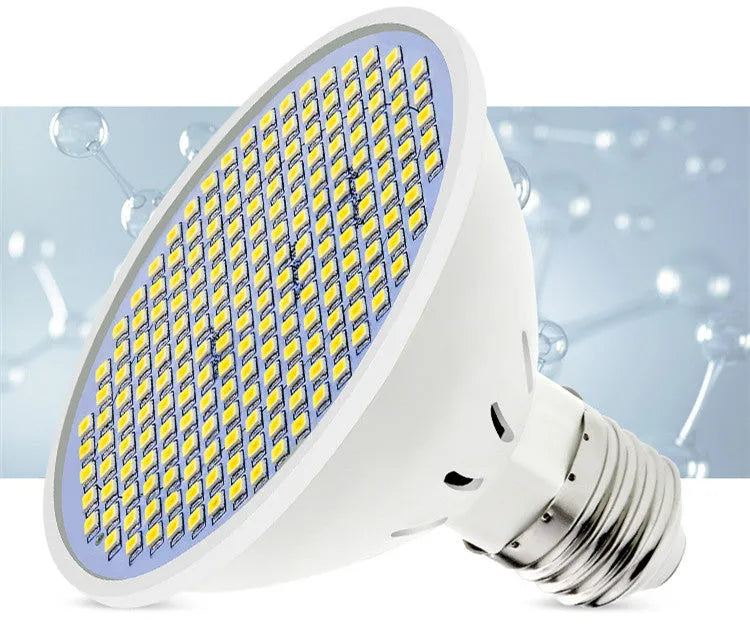 E27 LED lamp cup bulb with PC body, shown in warm white and cool white light options.