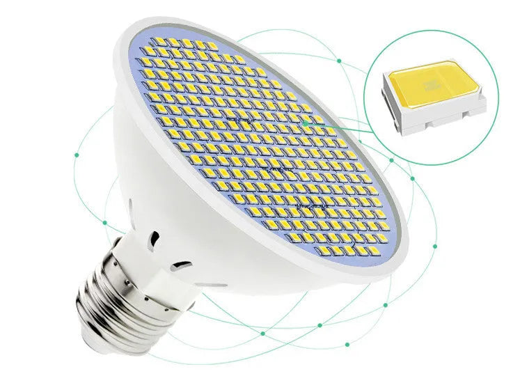 E27 LED lamp cup bulb with PC body, shown in warm white and cool white light options.