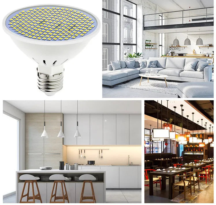 E27 LED lamp cup bulb with PC body, shown in warm white and cool white light options.