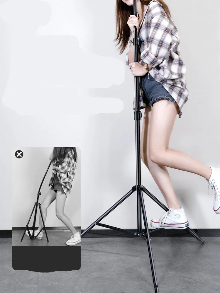 Carbon steel mobile phone tripod with attached light ring, shown at different heights for iPhone content creation