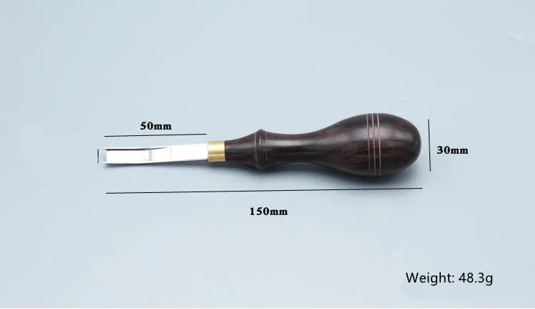 Leather-handled wide shovel edge thinning knife hand tool, model 02.