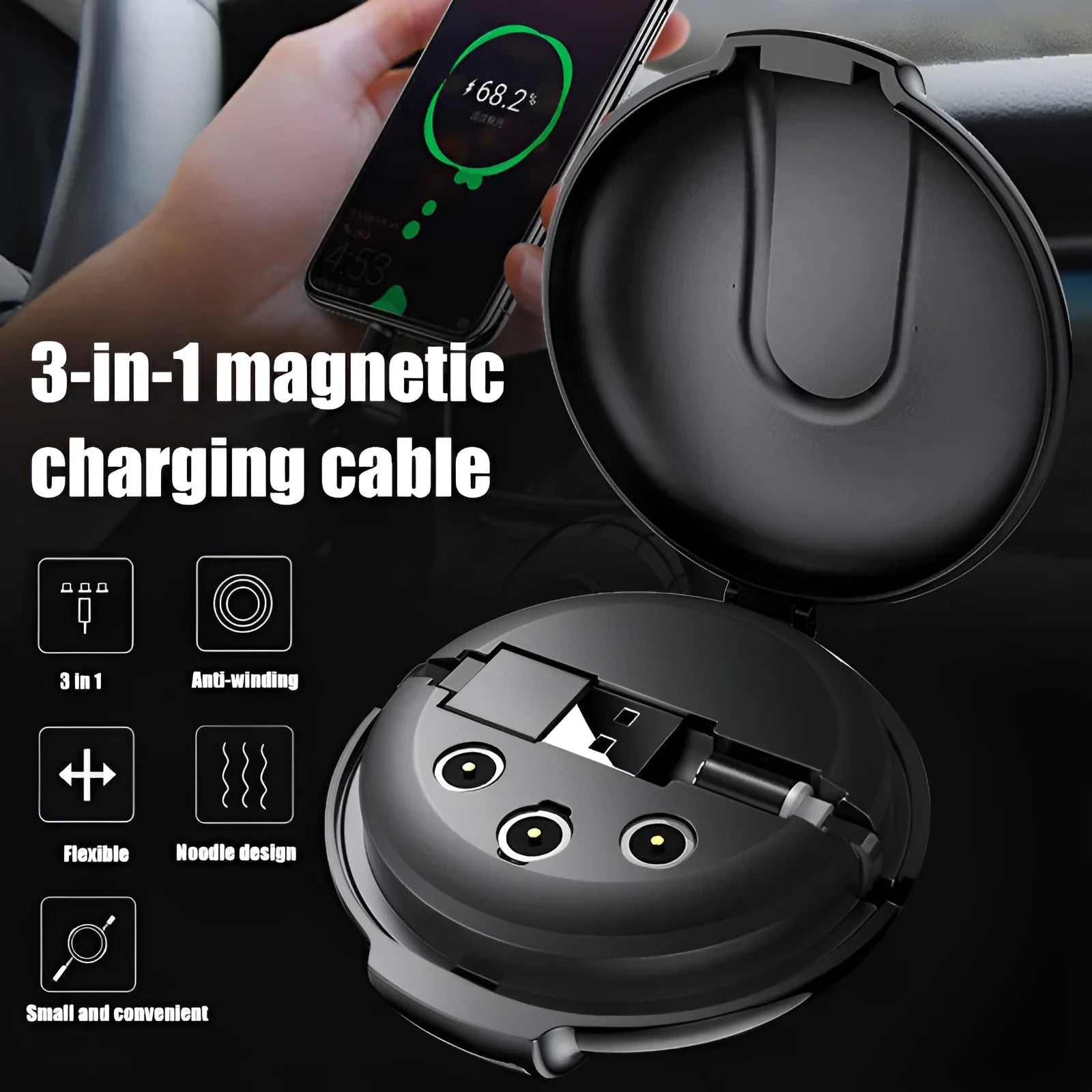 3-in-1 magnetic retractable style charger with three plugs and 1m cable for universal phone charging