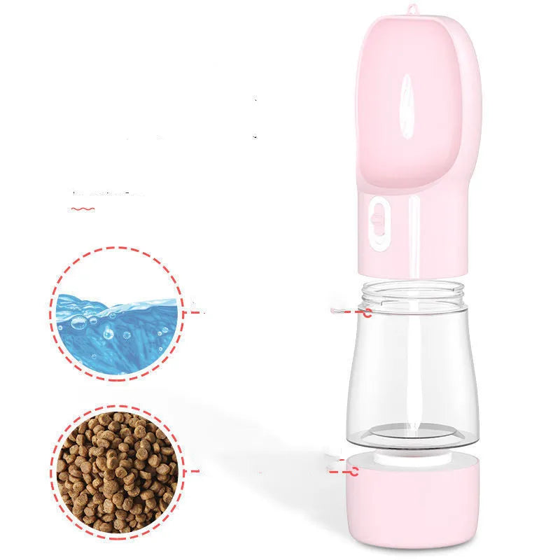 Portable pet bottle dog waterer in blue with one-hand squeeze design on table