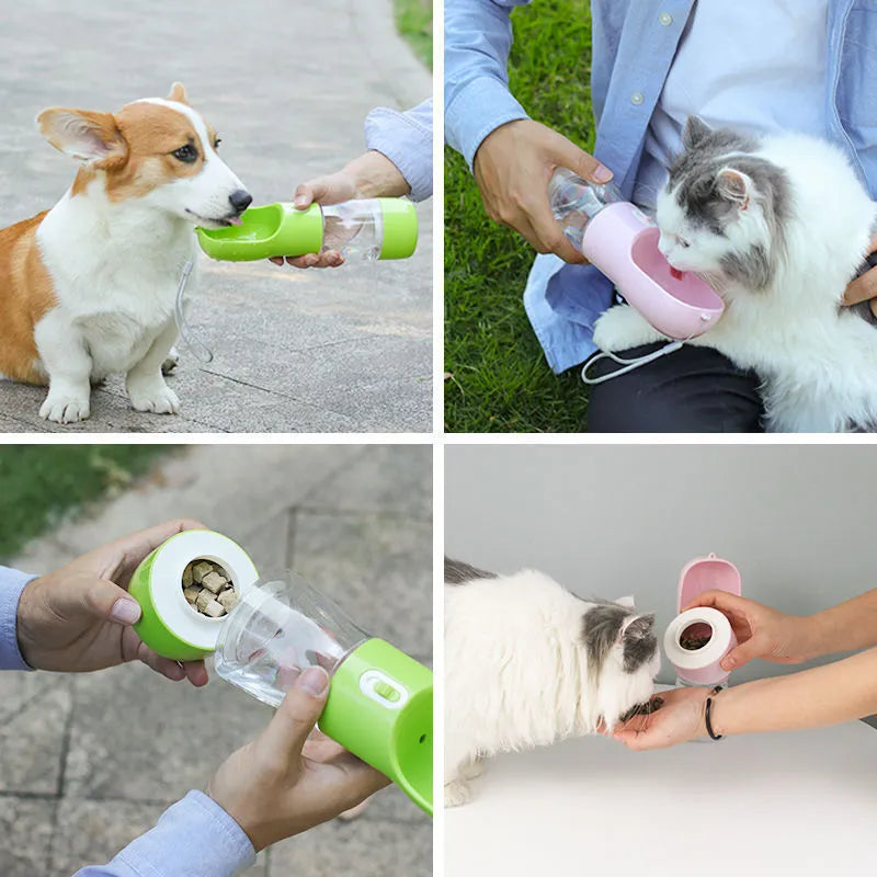 Portable pet bottle dog waterer in blue with one-hand squeeze design on table