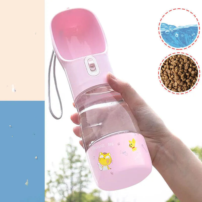 Portable pet bottle dog waterer in blue with one-hand squeeze design on table