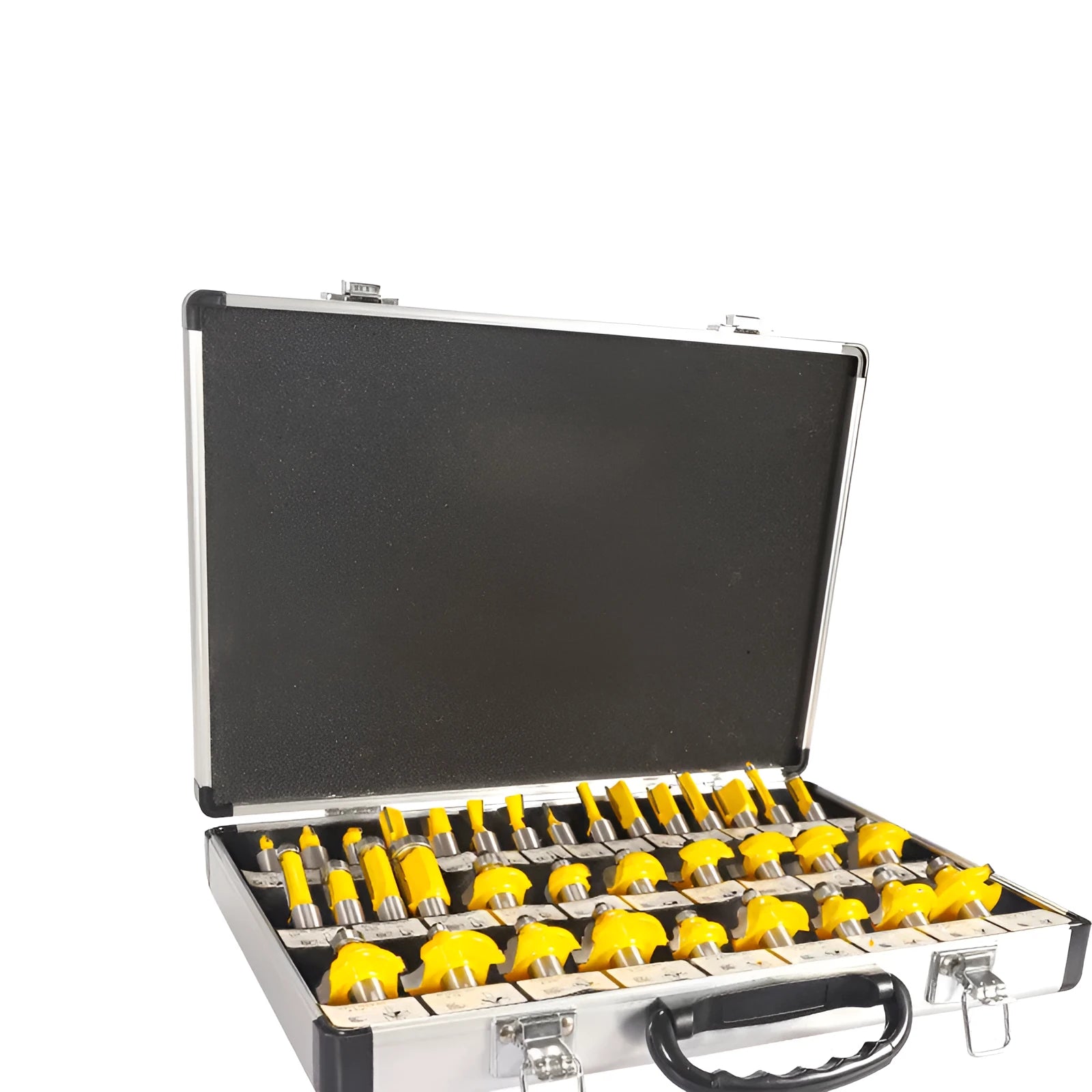35 piece woodworking milling cutter set with side cutters in multiple sizes, 1/2 and 1/4 inch shanks