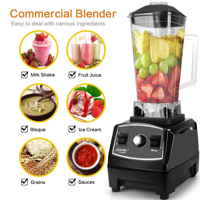 2L black blender with 2200W motor and 3-speed dial on kitchen counter