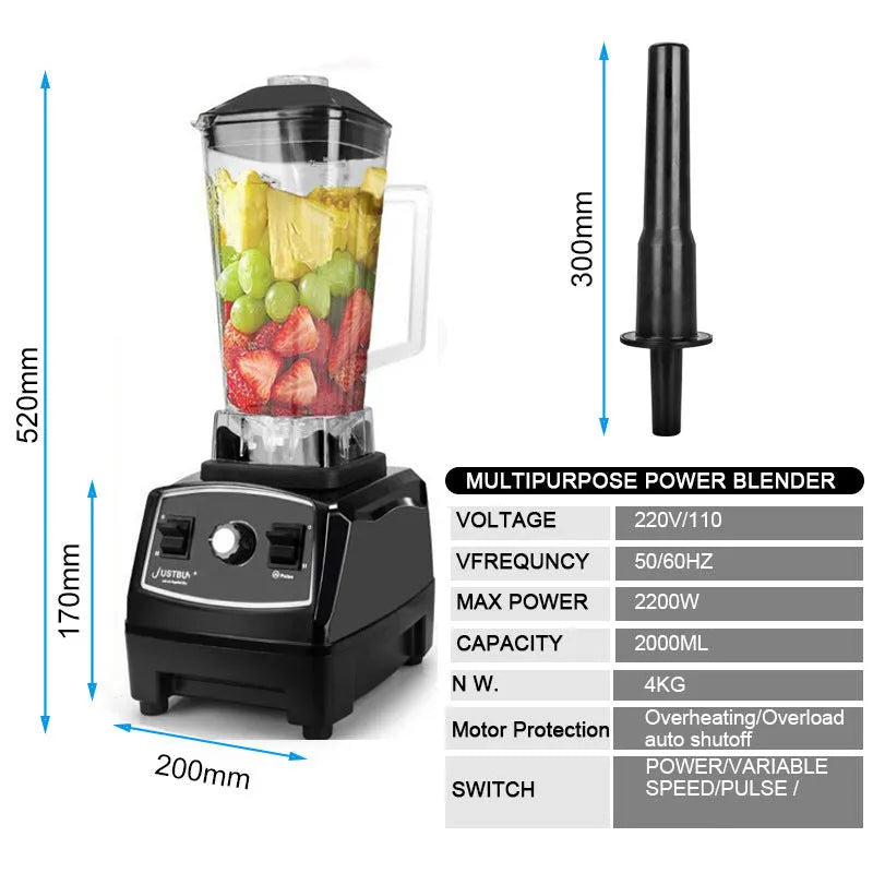 2L black blender with 2200W motor and 3-speed dial on kitchen counter
