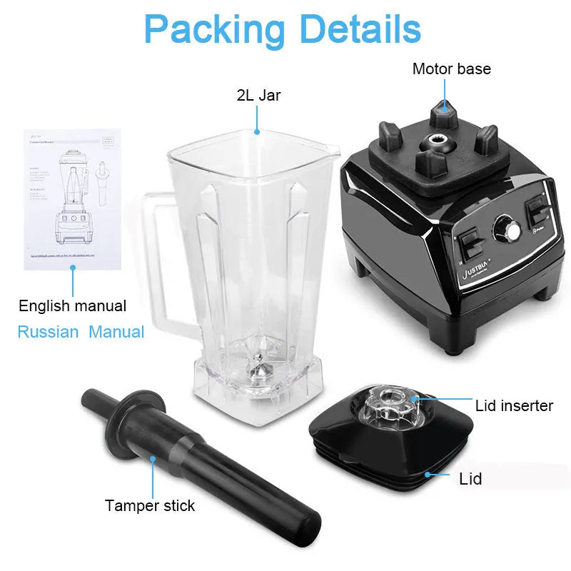 2L black blender with 2200W motor and 3-speed dial on kitchen counter