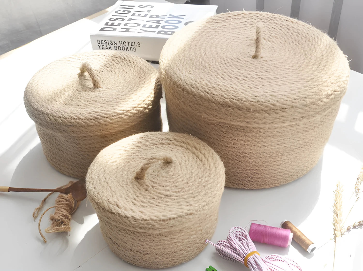 Japanese style linen fabric storage basket with cover for underwear organisation in three sizes