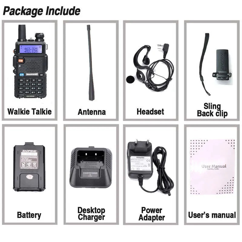 Baofeng UV-5R black handheld walkie talkie with dual antenna and front control panel
