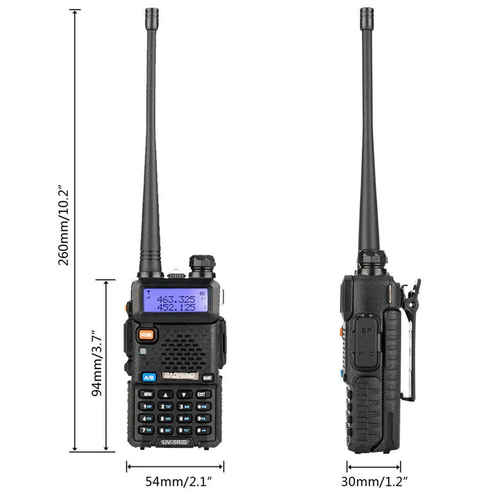 Baofeng UV-5R black handheld walkie talkie with dual antenna and front control panel