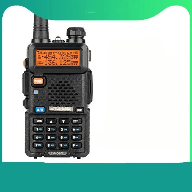 Baofeng UV-5R black handheld walkie talkie with dual antenna and front control panel