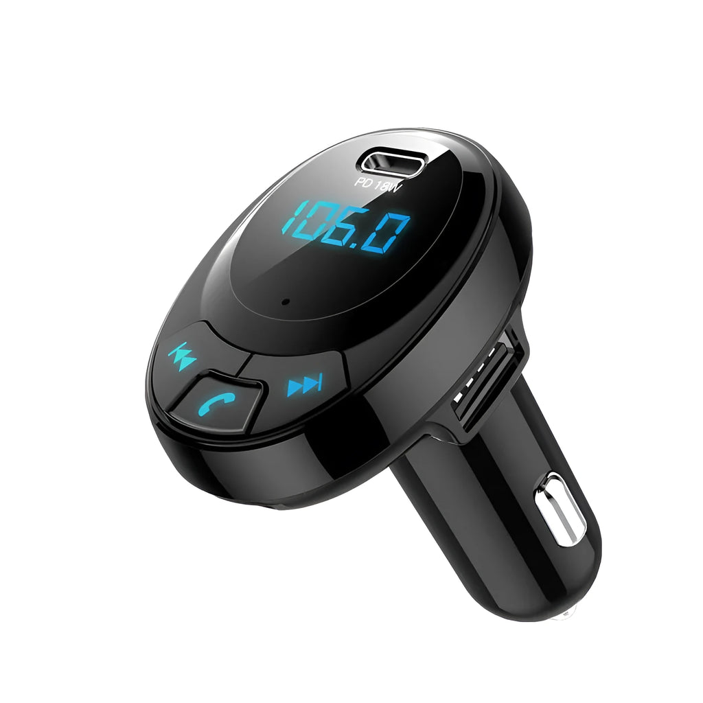 Black car Bluetooth MP3 player with digital display and dual USB ports for cigarette lighter socket