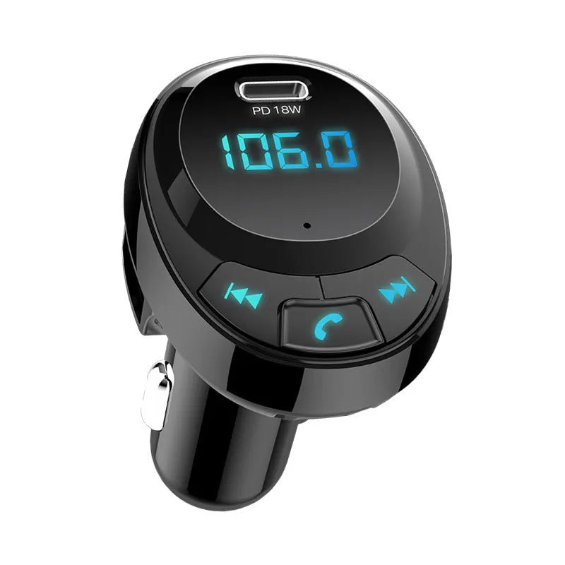 Black car Bluetooth MP3 player with digital display and dual USB ports for cigarette lighter socket