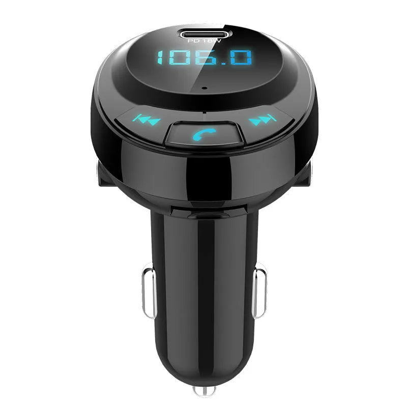 Black car Bluetooth MP3 player with digital display and dual USB ports for cigarette lighter socket