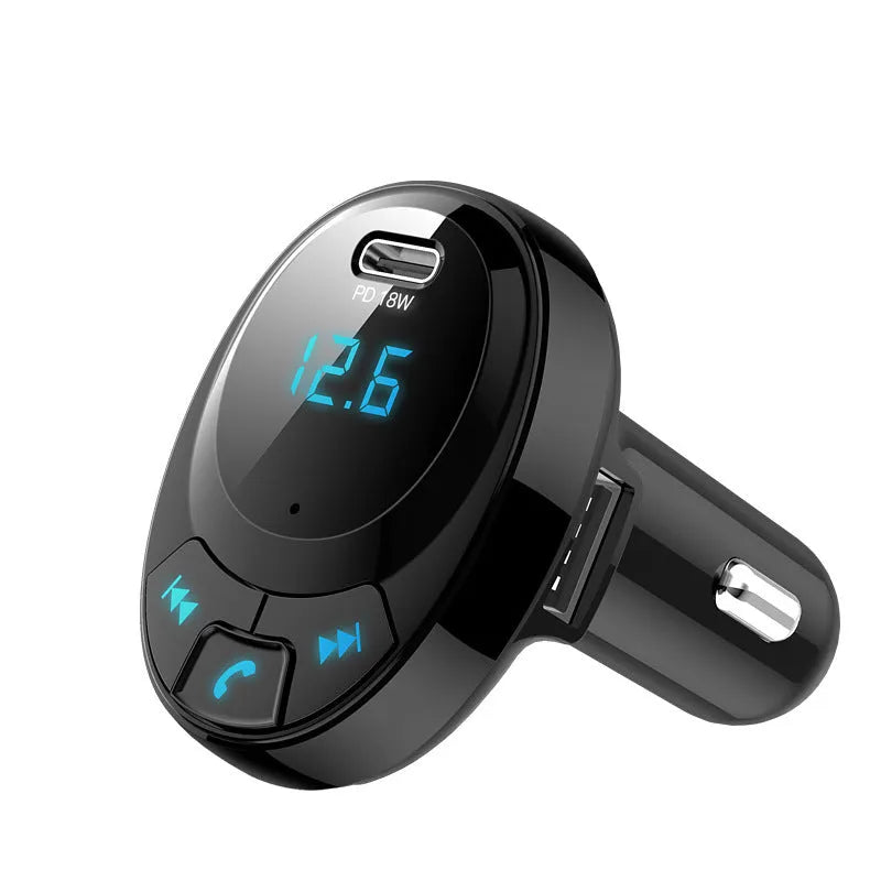 Black car Bluetooth MP3 player with digital display and dual USB ports for cigarette lighter socket