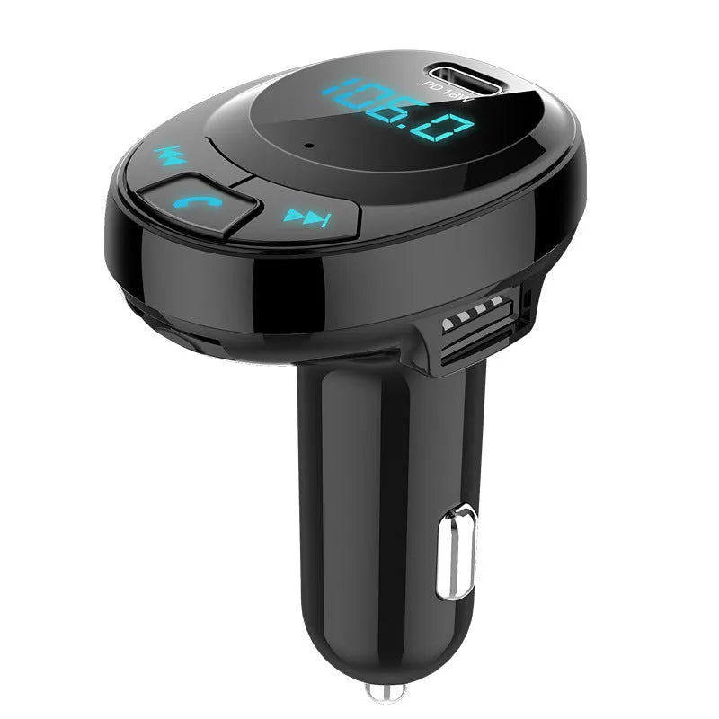 Black car Bluetooth MP3 player with digital display and dual USB ports for cigarette lighter socket
