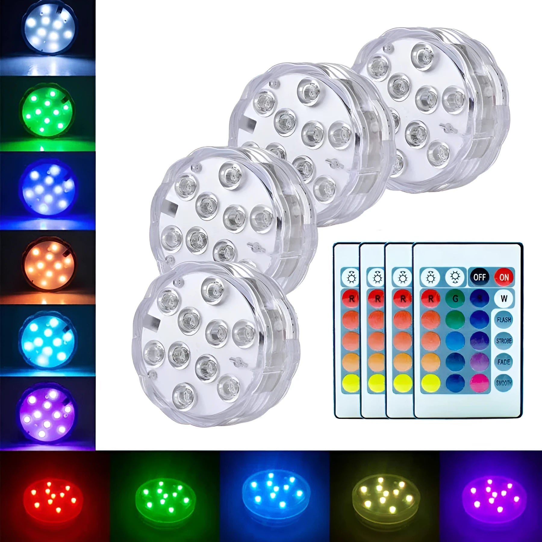 White round waterproof LED light with remote control for pools and ponds.