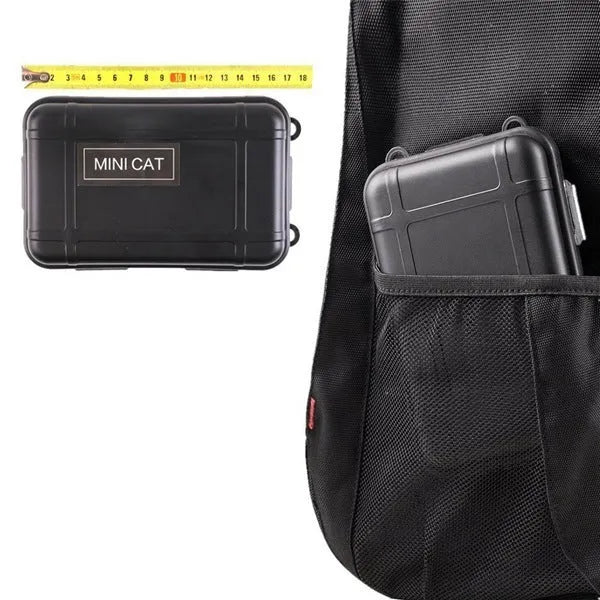 Black stainless steel 13-piece outdoor survival tool kit in open shockproof case