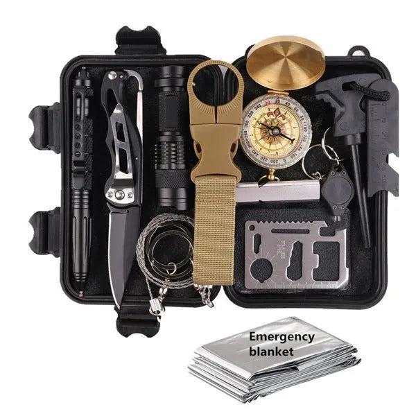 Black stainless steel 13-piece outdoor survival tool kit in open shockproof case