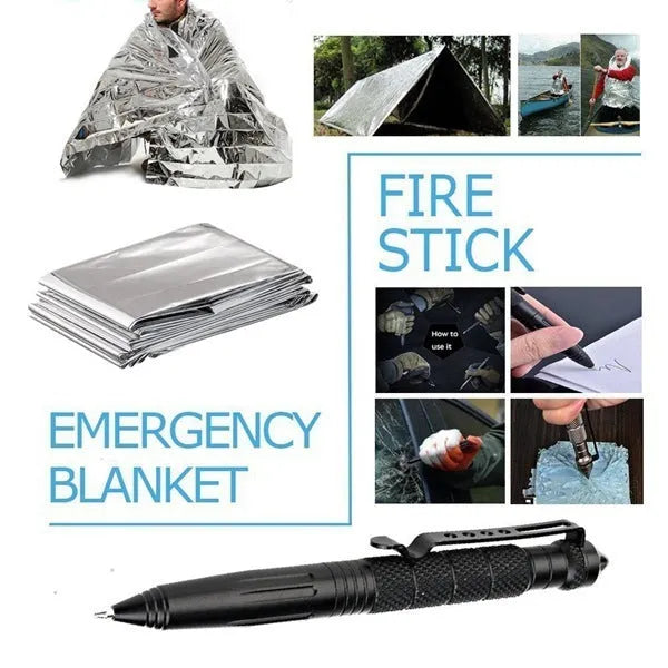Black stainless steel 13-piece outdoor survival tool kit in open shockproof case