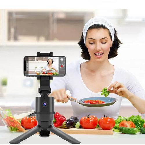 360-degree intelligent tracking pan tilt camera bracket holding a mobile phone for hands-free filming