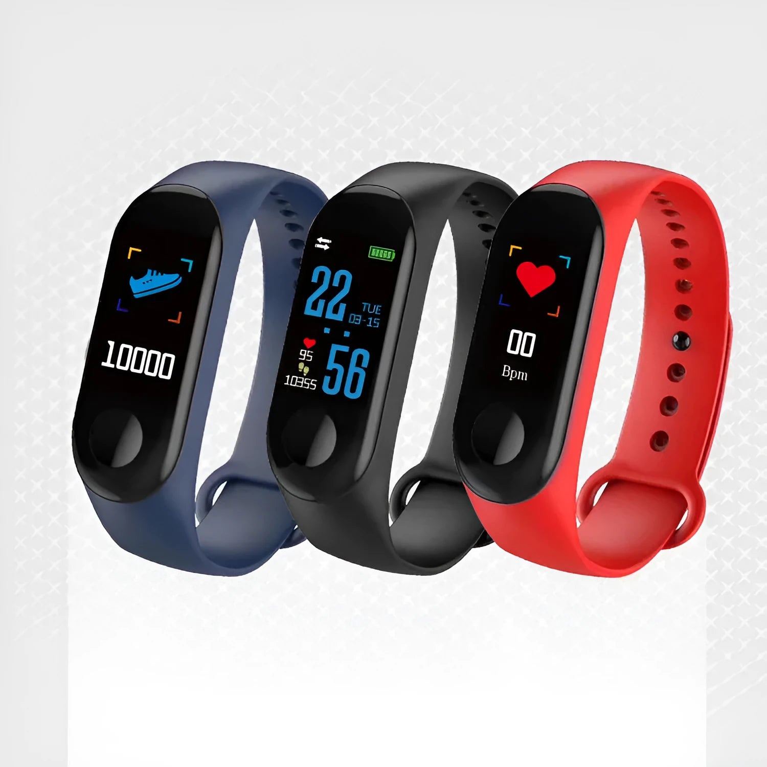 M3 smart bracelet with colour screen showing heart rate data on black TPE wristband