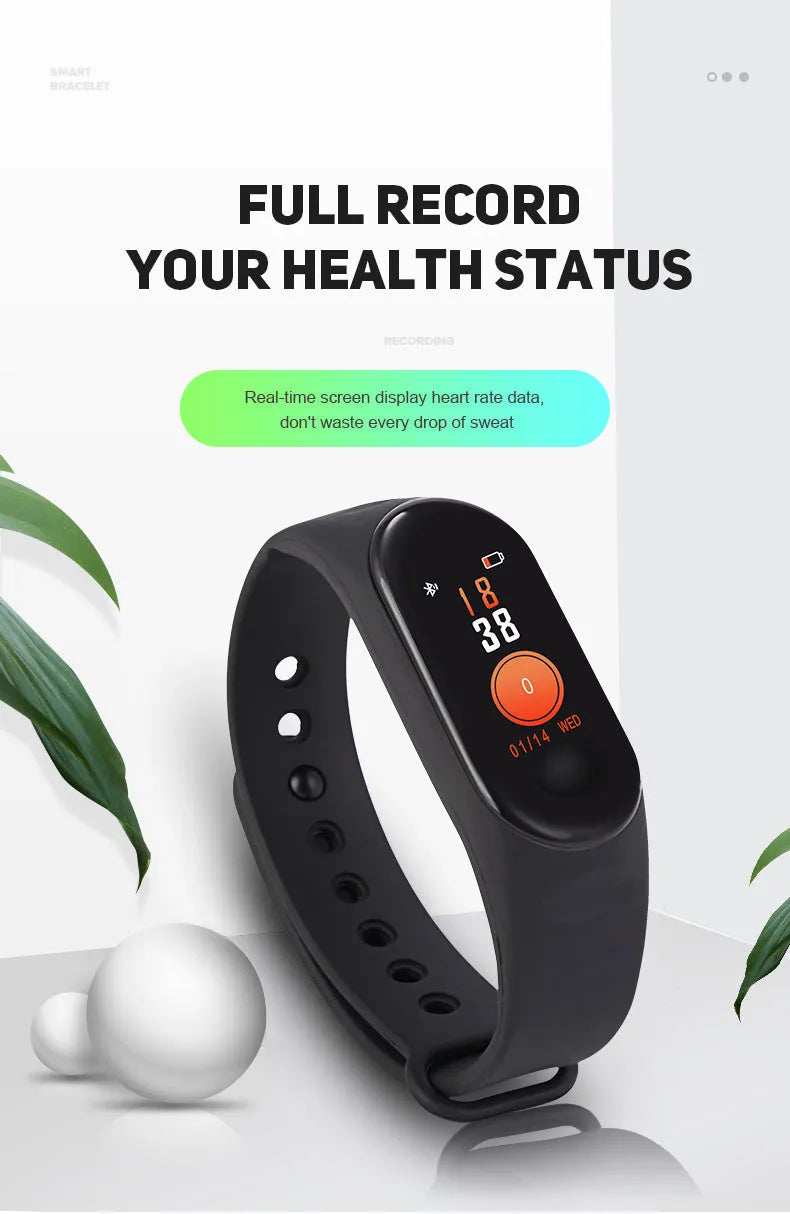 M3 smart bracelet with colour screen showing heart rate data on black TPE wristband