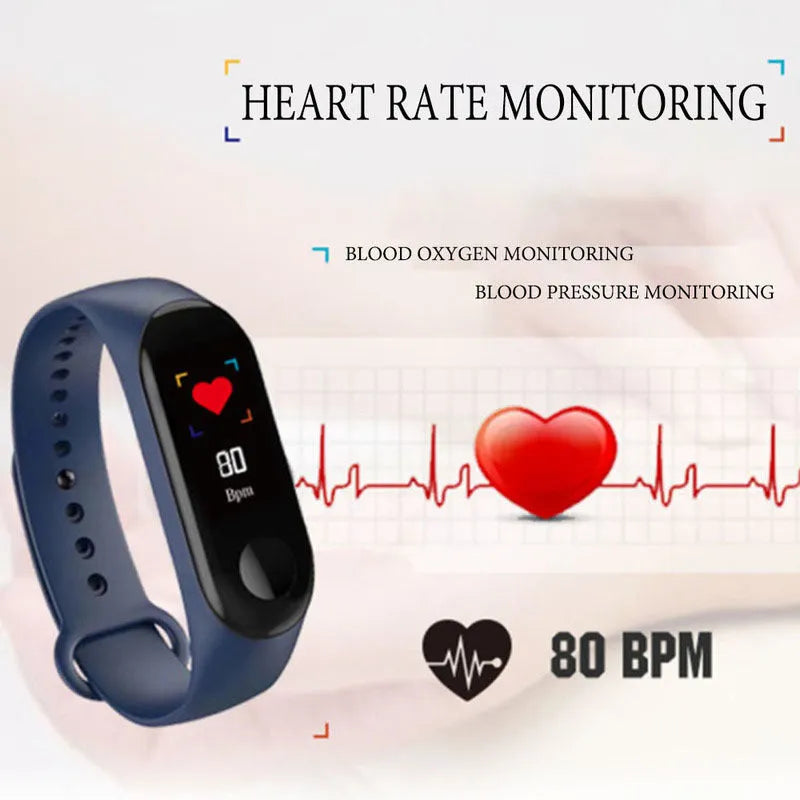 M3 smart bracelet with colour screen showing heart rate data on black TPE wristband