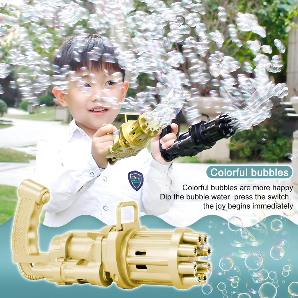 Children's bubble machine toy in pink gold or black colours with realistic gun design