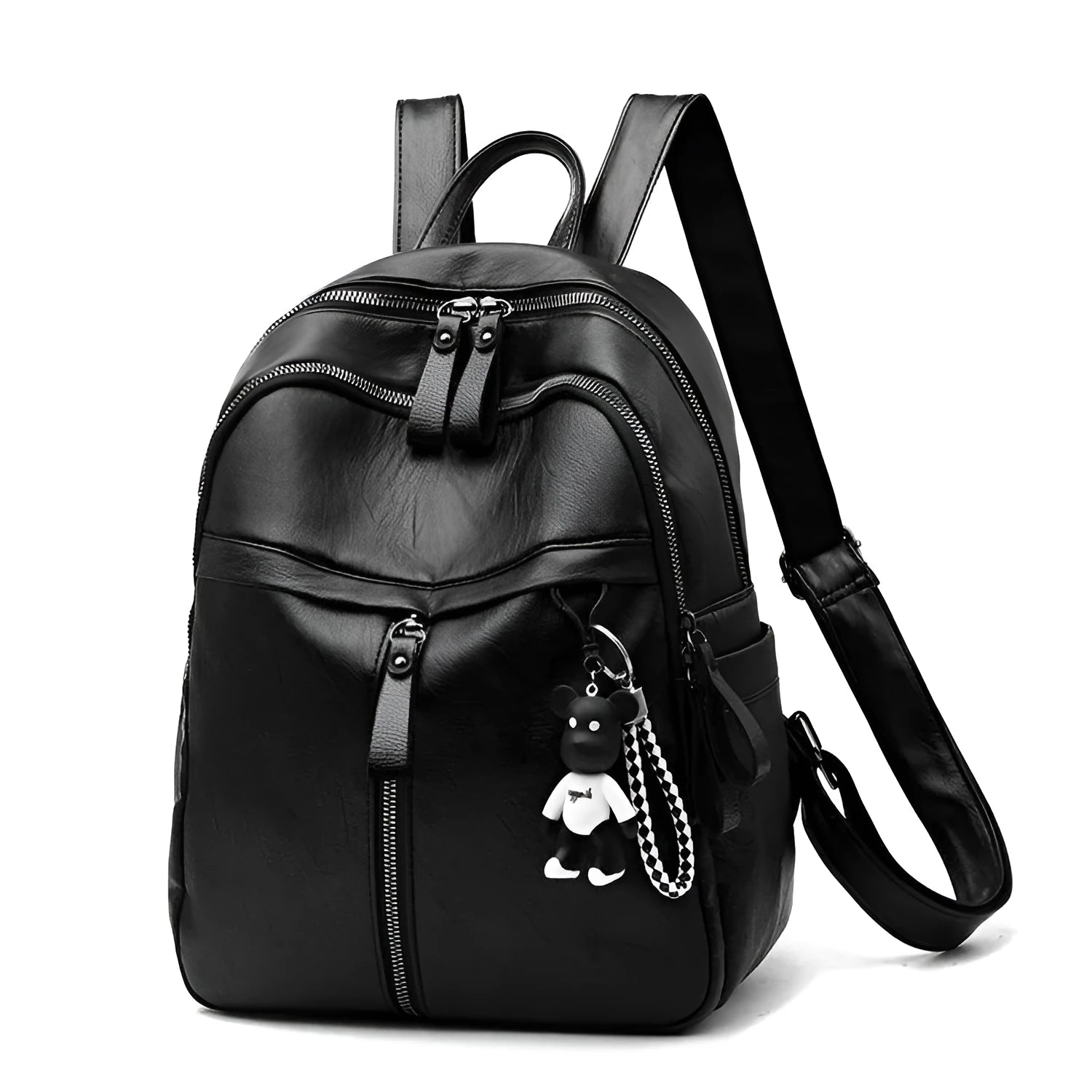 Black PU leather soft surface backpack with double straps showing medium size and organised compartments