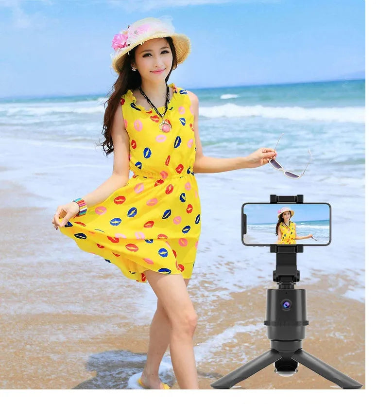 360-degree intelligent tracking pan tilt camera bracket holding a mobile phone for hands-free filming