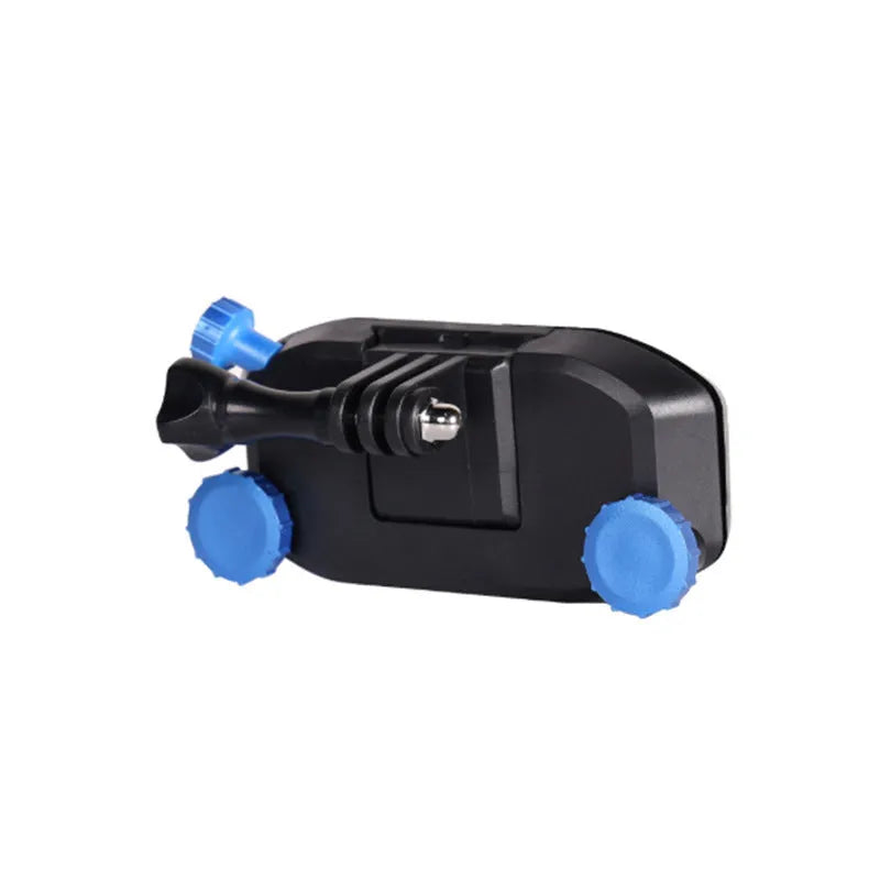 Blue plastic quick-hanging backpack clip for sports camera on a shoulder strap
