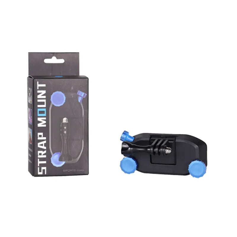 Blue plastic quick-hanging backpack clip for sports camera on a shoulder strap