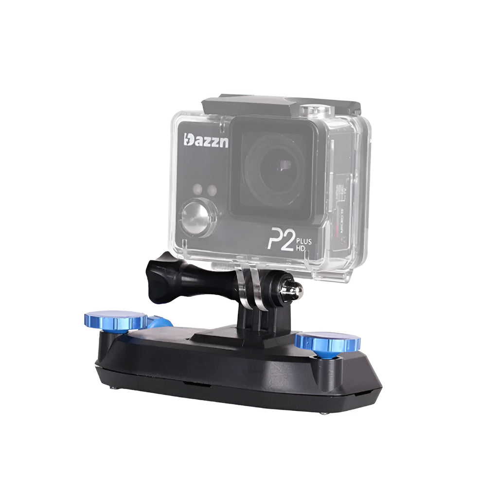 Blue plastic quick-hanging backpack clip for sports camera on a shoulder strap