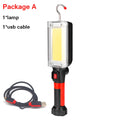 Red portable COB flashlight with magnetic hook showing USB charging port