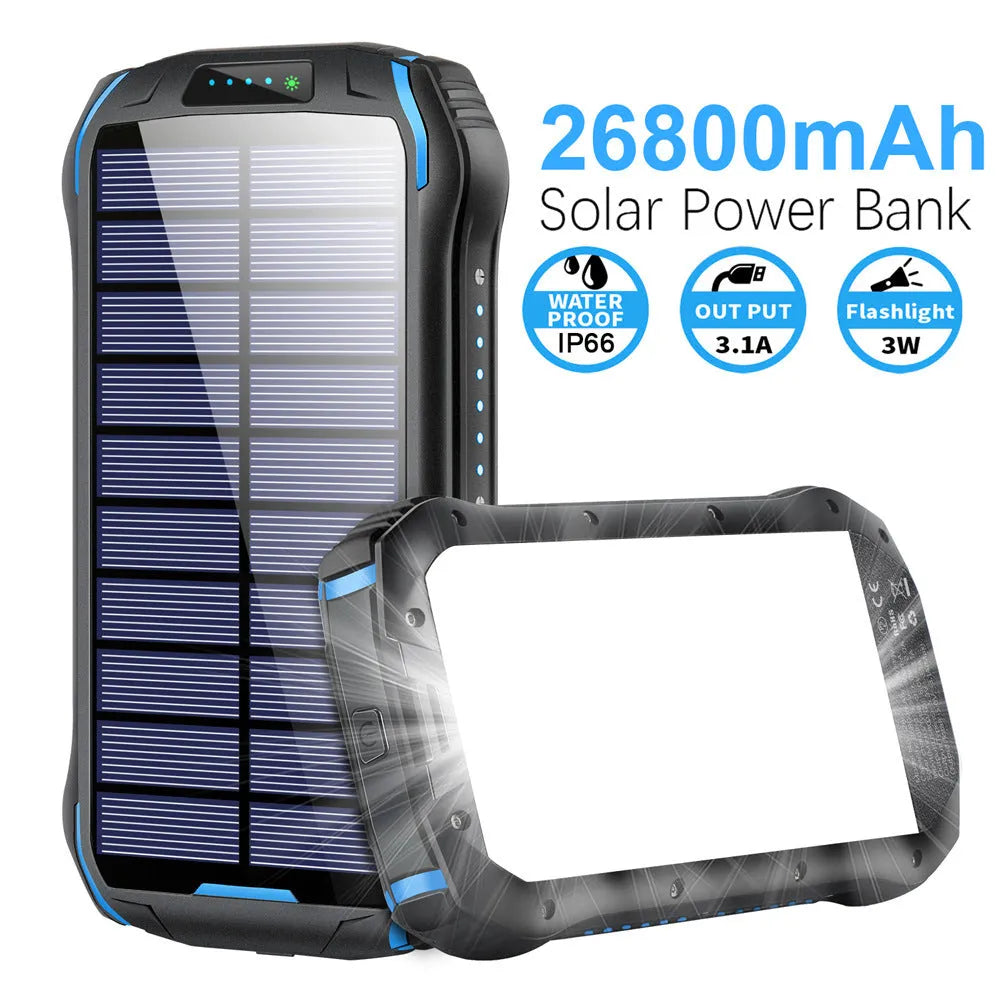 Solar power bank 26800mAh with orange rugged shell and integrated camping light, showing USB ports and solar panel