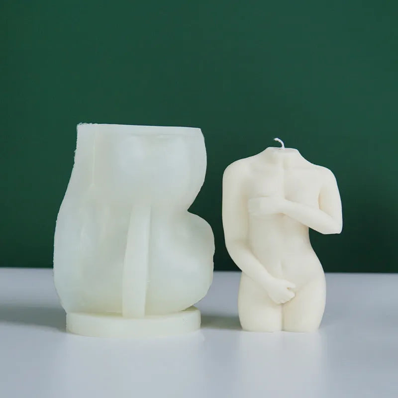 Flexible silicone shy female body candle mould shown in three different design variations.