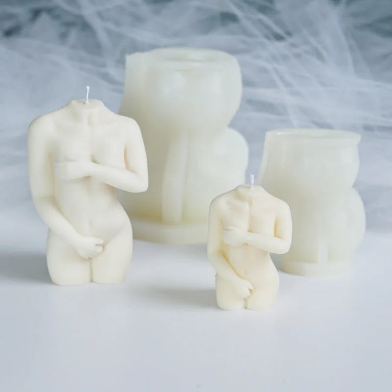 Flexible silicone shy female body candle mould shown in three different design variations.