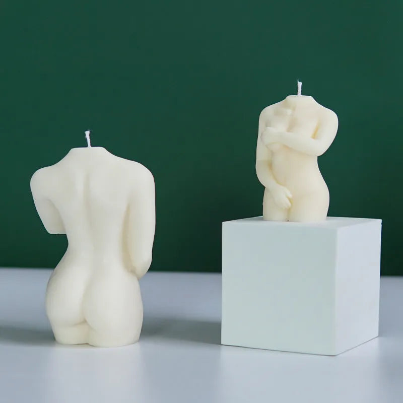 Flexible silicone shy female body candle mould shown in three different design variations.